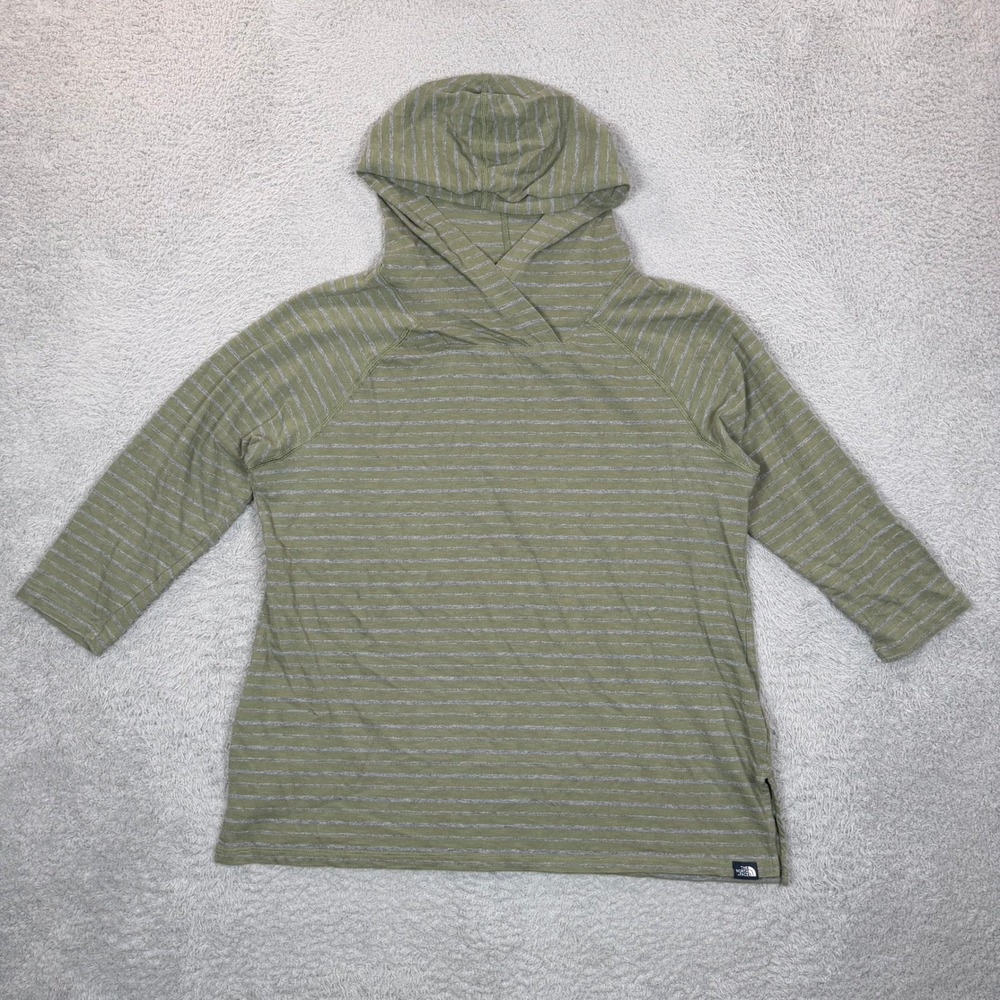 The North Face Womens XL Striped Cotton Hoodie Olive Green 3/4 Sleeve Pullover